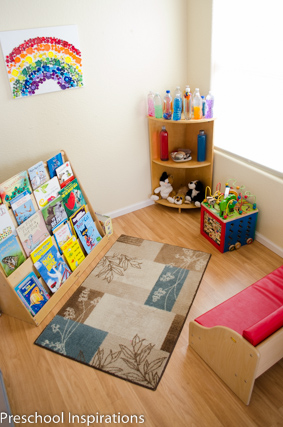 The library and quiet area for my in home preschool