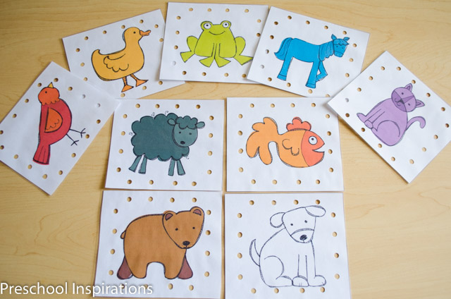 Practice fine motor skills with these adorable Brown Bear lacing card busy bag printables.