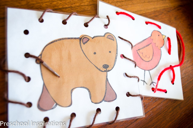 Practice fine motor skills with these adorable Brown Bear lacing cards busy bag printables.