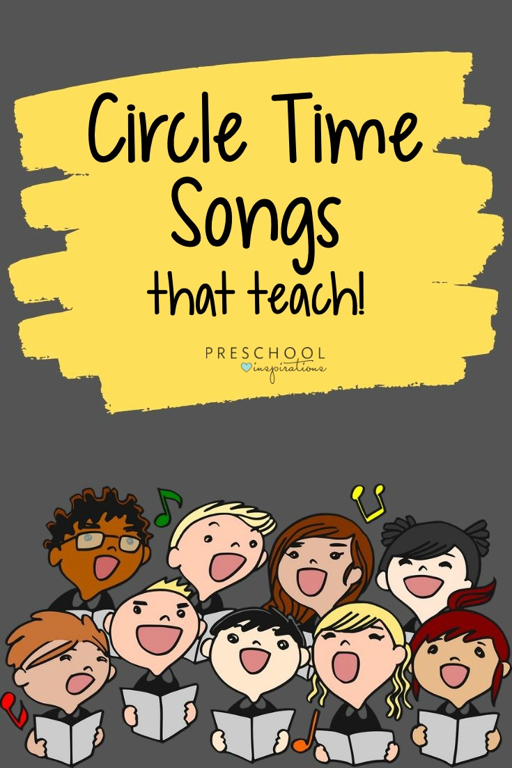 Music is one of our favorite teaching tools! Use these preschool songs in your circle time to teach a variety of topics and preschool themes, including the alphabet, the planets, days of the week, and much more! #preschool #prek #songsforkids #circletimesongs #circletime