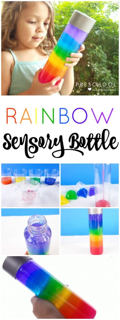 This rainbow discovery bottle is a perfect sensory bottle for a rainbow theme or St. Patrick's Day activity.
