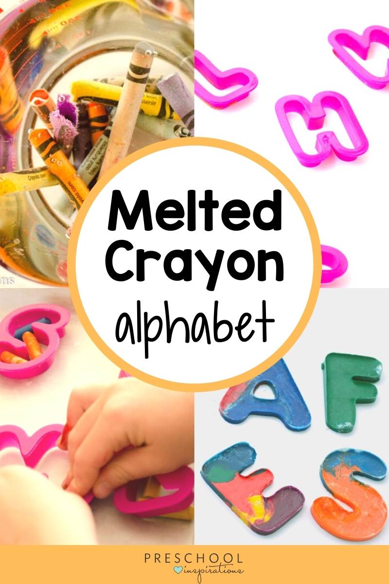 four images of making a melted crayon alphabet