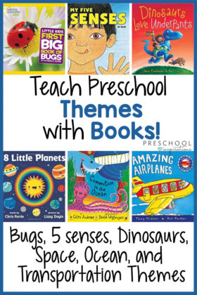pinnable image of six book covers with the text teach preschool themes with books