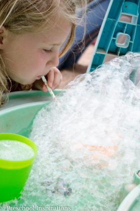 This is a perfect outdoor sensory experience. Let children make bubbles with a bubble blowing sensory table.