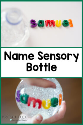 pinnable image of a boy's name spelled out in magnetic letters, then suspended in a name sensory bottle