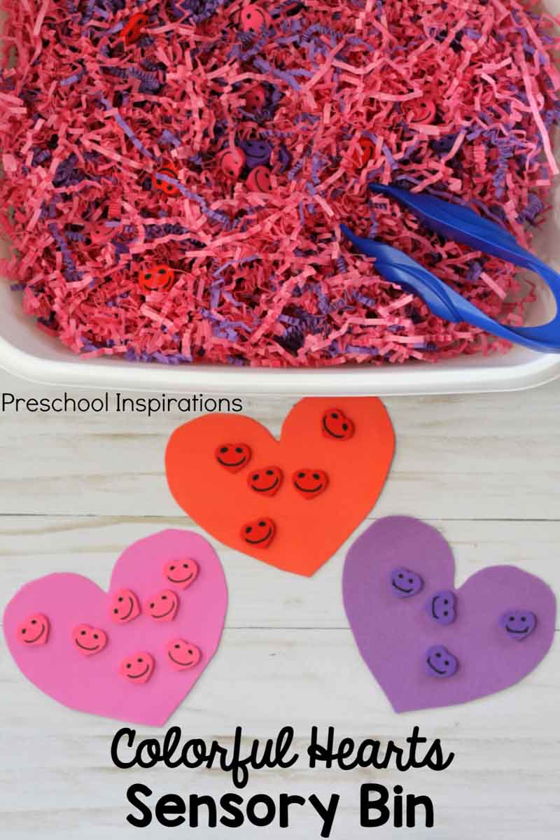 This colorful hearts sensory bin is inexpensive and easy to set up. Perfect for kids to practice fine motor and early math skills during Valentine's Day.