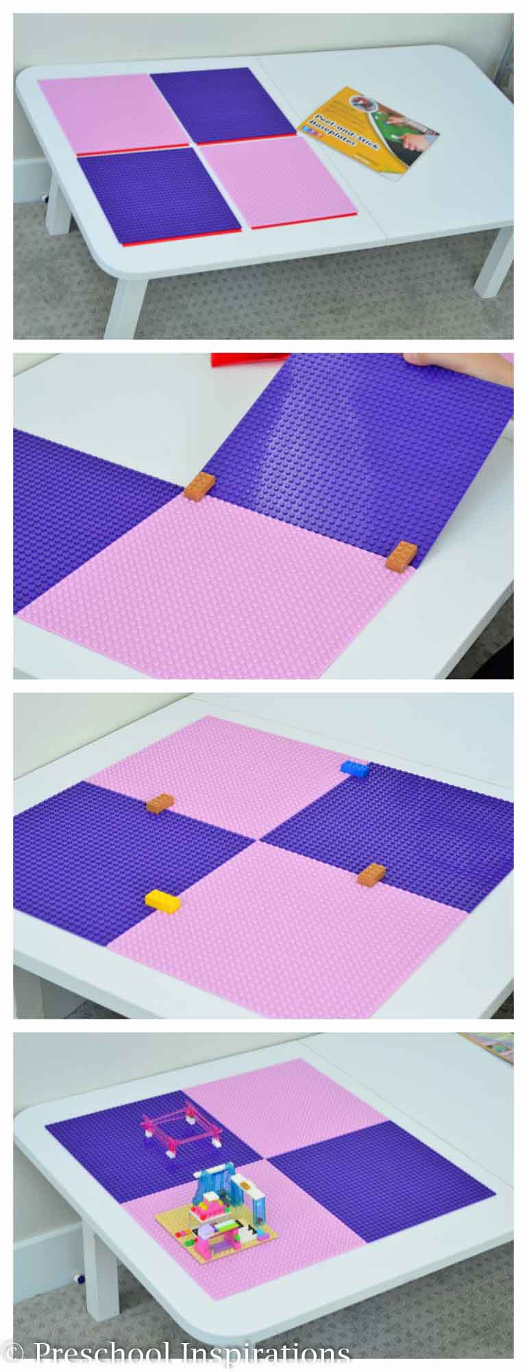 Make a Lego table with this easy Lego baseplates that peel and stick like a giant sticker. This is perfect for a girl's dream Lego table!