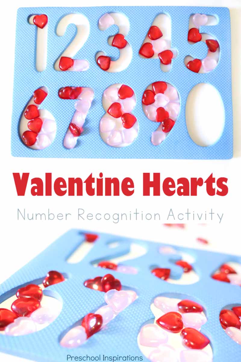 A preschool number recognition activity perfect for Valentine's Day. Kids work on counting, number recognition, fine motor skills, patterns, and one-to-one correspondence