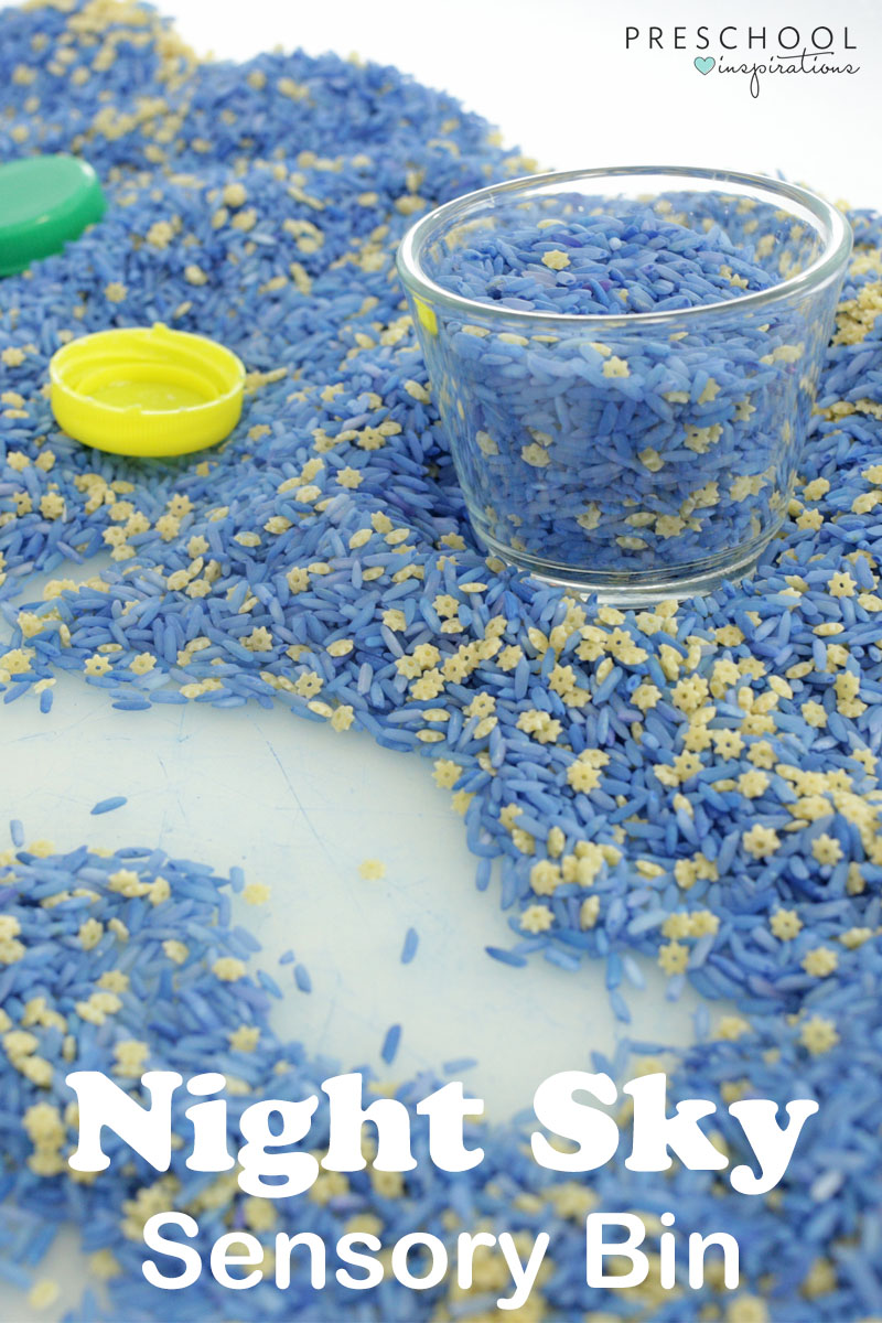 This night sky sensory bin is so easy to make and very engaging for the kids! Great for a space theme, galaxy theme, or when talking about space or the stars. #preschool #prek #kindergarten #sensorybin #spacetheme #preschoolspacetheme #sensory #moontheme