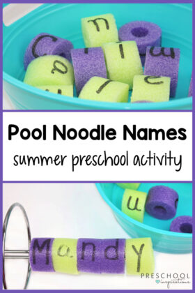 Two images showing the activity, one with a bowl of cut up pool noodles with letters on them and one with letters on a paper towel holder spelling a name