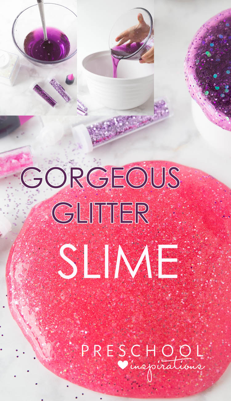 How to make an easy recipe of gorgeous glitter slime with Elmer's glitter glue. #slime #slimerecipe #DIYslime #boraxslime #howtomakeslime #homemadeslime #sensory