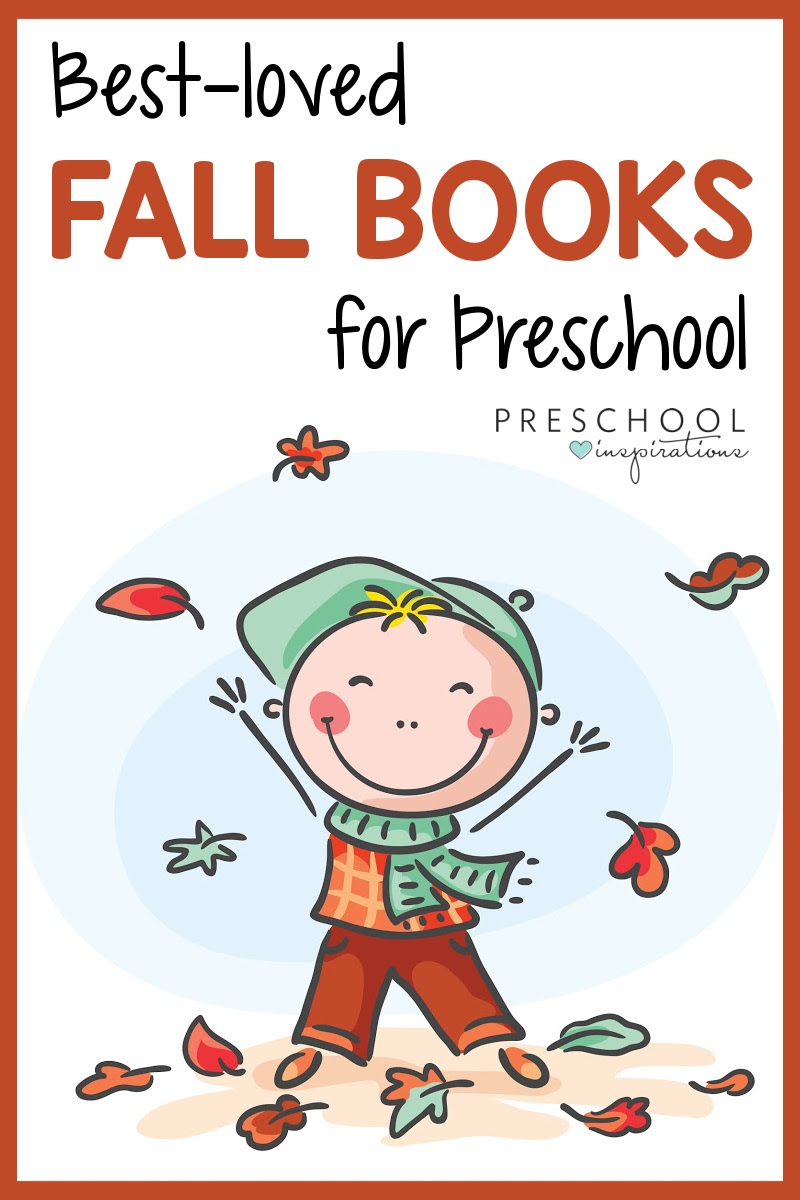 a clipart boy standing in fall leaves with his hands up and the text best loved fall books for preschool