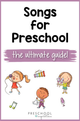 pinnable image of three cartoon kids playing instruments and the text songs for preschool the ultimate guide