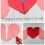 series of steps showing how to complete a puppy love heart craft in a pinnable image and the text valentine's day puppy love heart craft