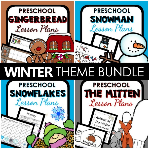 collage of four different lesson plans gingerbread, snowman, snowflakes, and the mitten with the text winter theme bundle