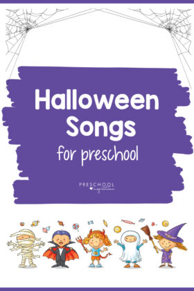 Halloween songs for kids! These are great Halloween party songs, or perfect for circle time or use at home! There are also some great jack-o-lantern and pumpkin songs, too. #preschoolinspirations #preschool #prek #songsforkids #kidsmusic #halloween #halloweensongs #halloweenpartysongs