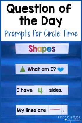 questions about shapes in a blue pocket chart with the text question of the day prompts for circle time