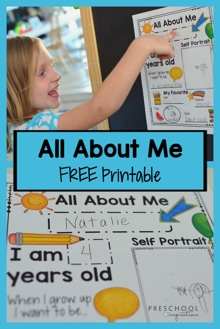 Get a FREE printable All About Me poster! Several options to choose from. Great for an All About Me preschool theme, back to school, or just marking those treasured milestones. #preschool #prek #allaboutme #backtoschool