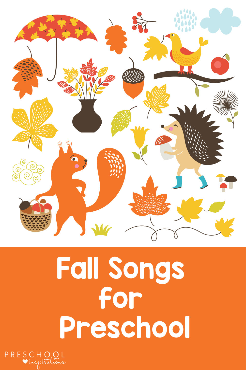 pinnable image of a collage of fall clip art and the text 'fall songs for preschool'
