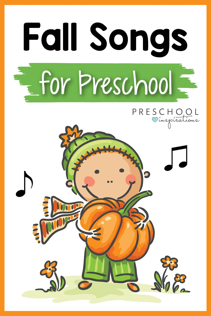 pinnable image of a clipart boy dressed for fall and holding a pumpkin with the text, 'fall songs for preschool'