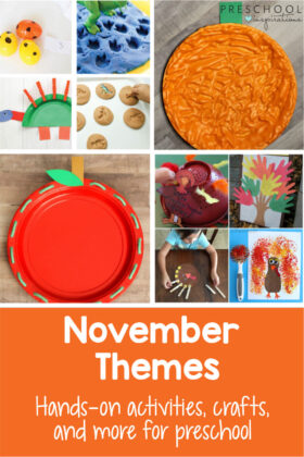 TONS of ideas of themes to use in your preschool classroom this November! Includes fall and Thanksgiving crafts, activities, ideas, and much more! Apple theme and pumpkin theme included. #preschool #preschoolthemes #pumpkin #appletheme