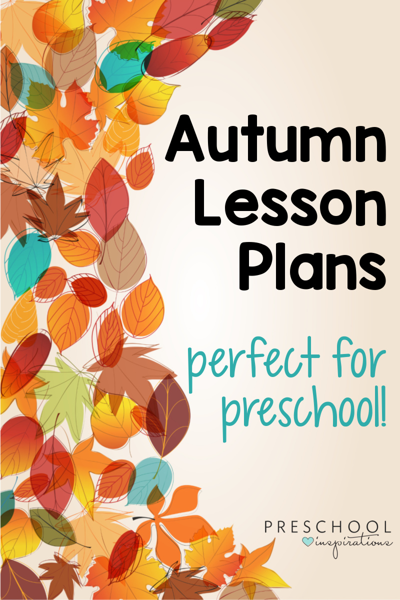 pinnable image of cartoon leaves with the text autumn lesson plans perfect for preschool