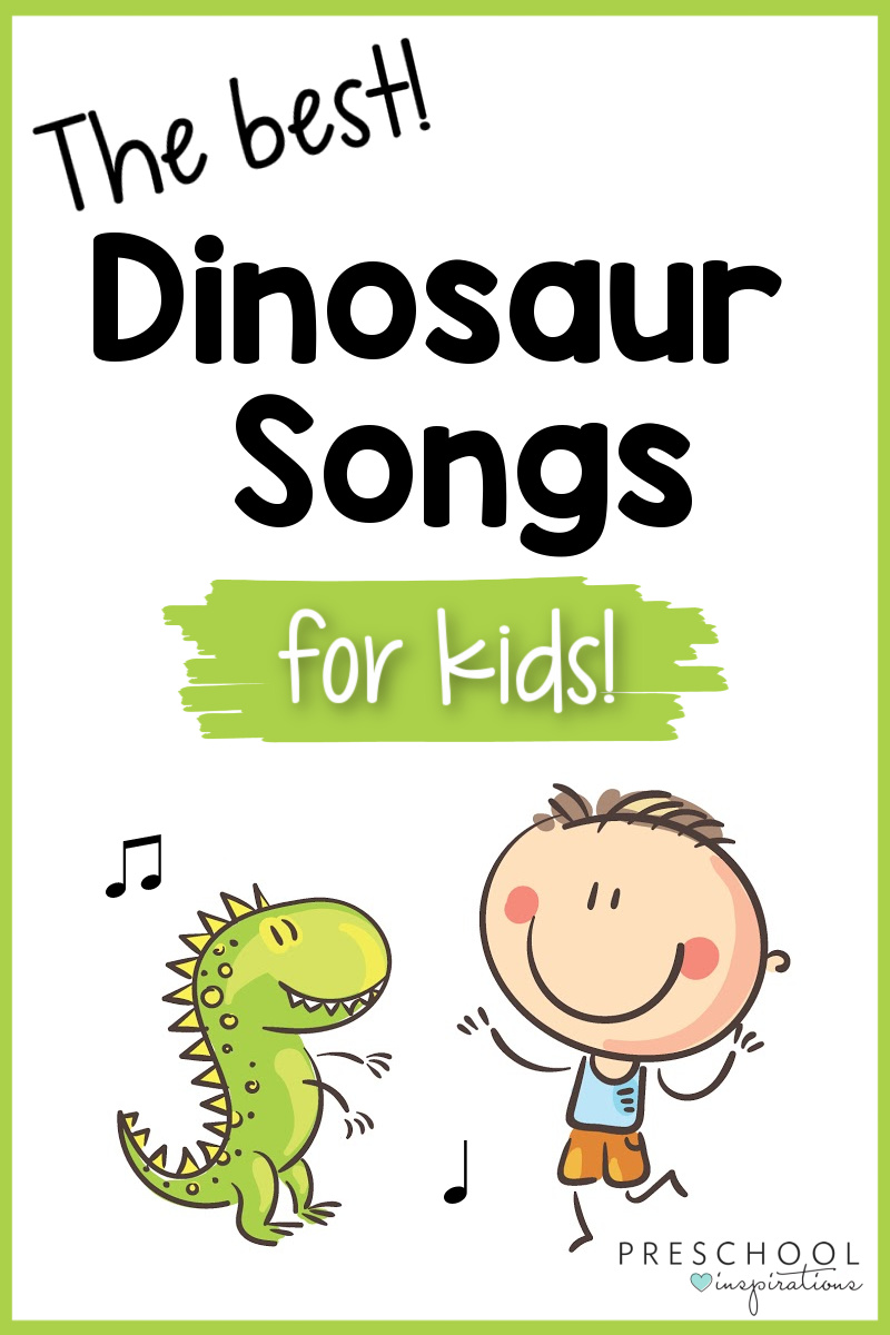 pinnable image of a young boy dancing with a toy dinosaur and the text the best dinosaur songs for kids