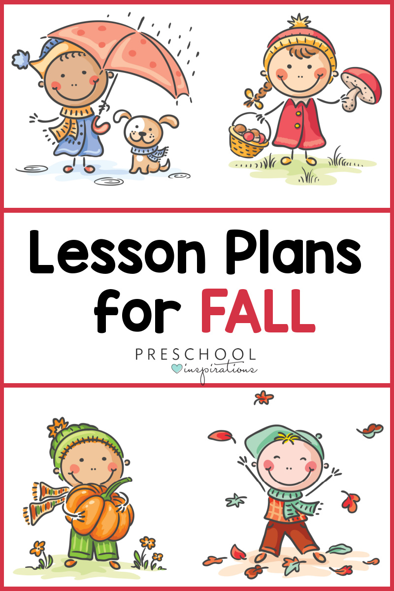 four kids doing fall activities with the text lesson plans for fall