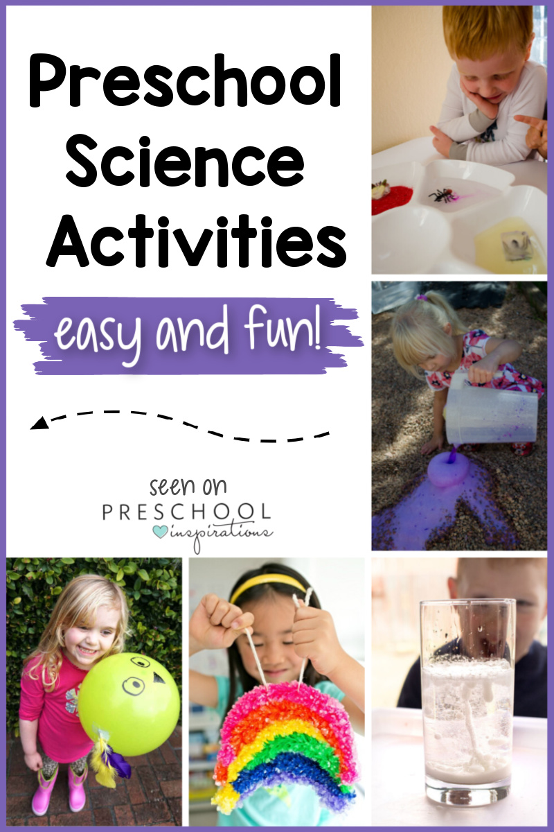 collage of 5 preschoolers each doing a science activity with the text preschool science activities easy and fun