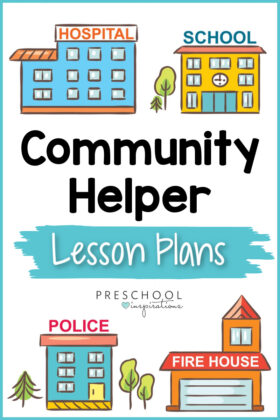pinnable image of four cartoon community buildings with the text community helper lesson plans