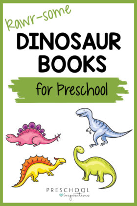 pinnable image of four cartoon dinosaurs with the text rawr-some dinosaur books for preschool