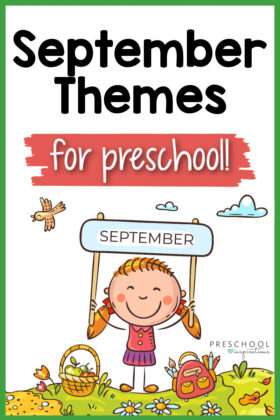 pinnable image of a clip art cute child holding a sign that says 'september' and the text 'september themes for preschool'