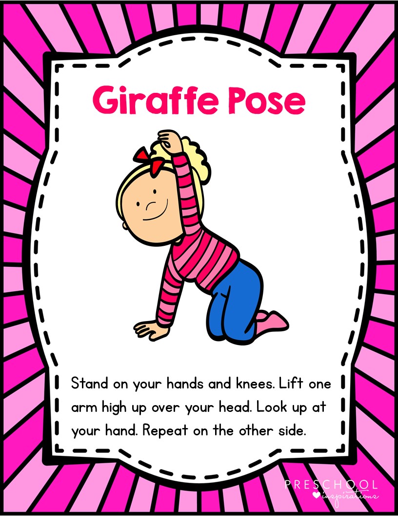 Giraffe yoga pose description with clipart