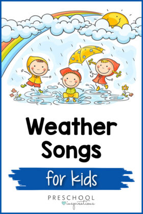 pinnable image of cartoon kids playing in the rain under a rainbow and the text weather songs for kids