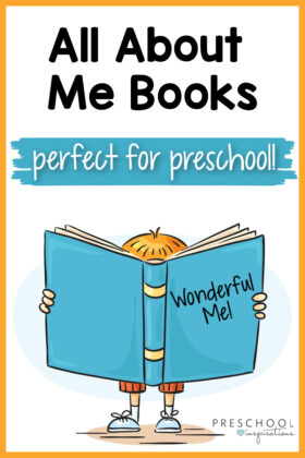 pinnable image of a cartoon boy with a huge book and the text all about me books perfect for preschool