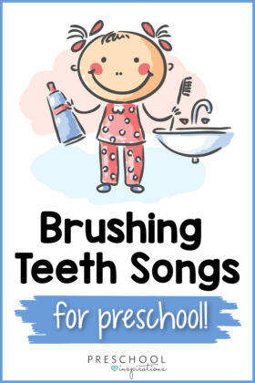 a cartoon image of a girl in her pajamas holding a toothpaste and toothbrush standing next to a sink with the text brushing teeth songs for preschool
