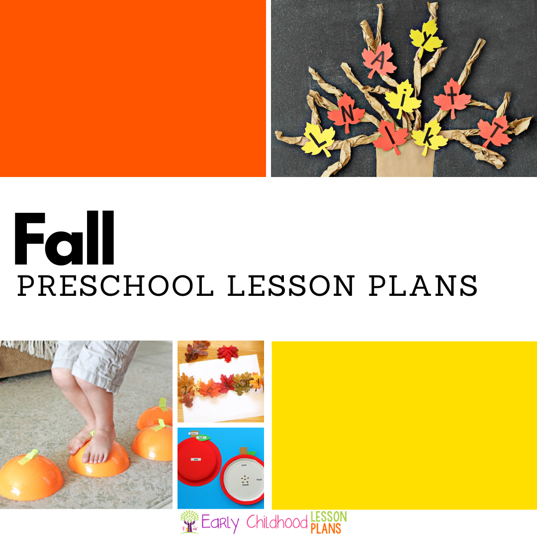collage of a fall tree craft with letters as leaves, a kid jumping across pumpkins, and two other fall preschool activities with the text, Fall: Preschool Lesson Plans