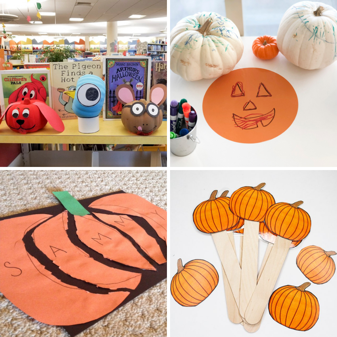 four different images of preschool pumpkin activities that are literacy related