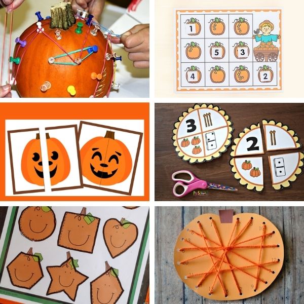collage of six different pumpkin math activities