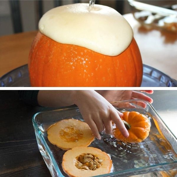 two pumpkin science images, one of a baking soda volcano in a pumpkin and the second of a pumpkin cut up and floating in water