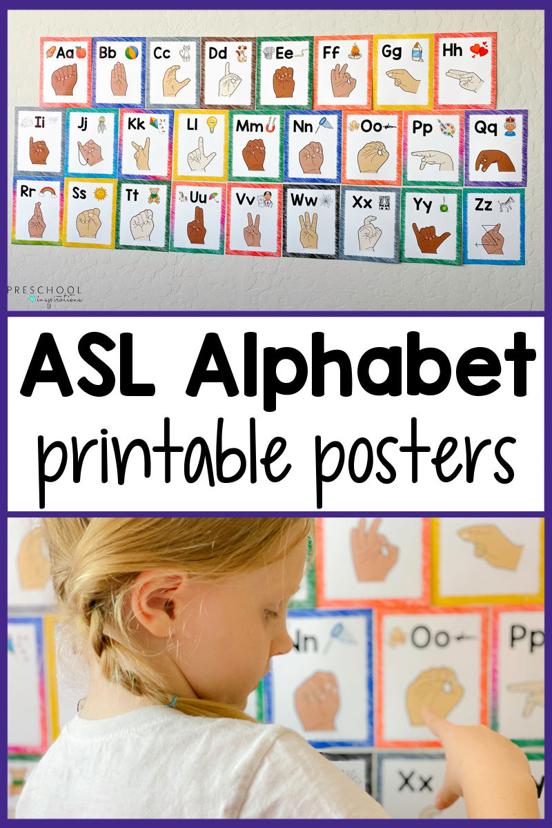 a set of sign language printable alphabet cards and a young girl trying to make a letter with the text, 'asl alphabet printable posters'