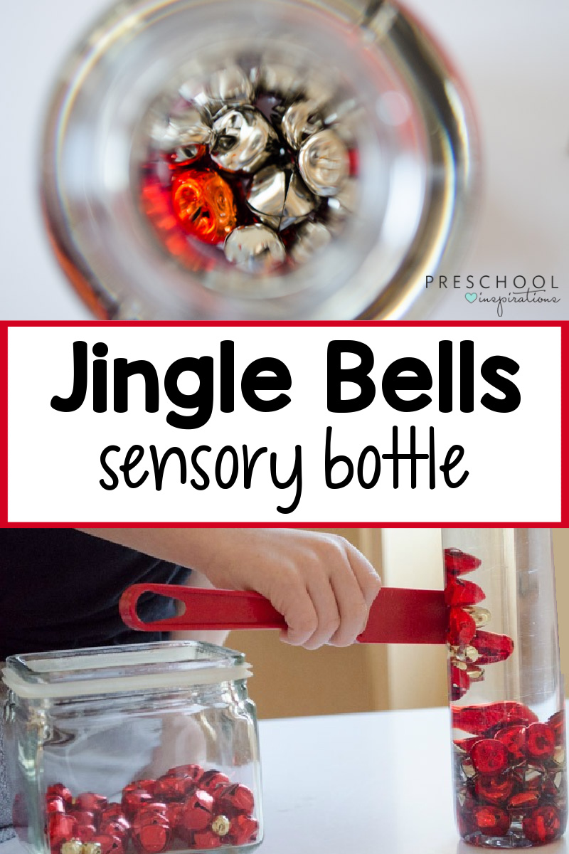 a bunch of jingle bells in the bottom of a water bottle, and another image of a completed magnetic jingle bells bottle with the text, 'jingle bells sensory bottle.'