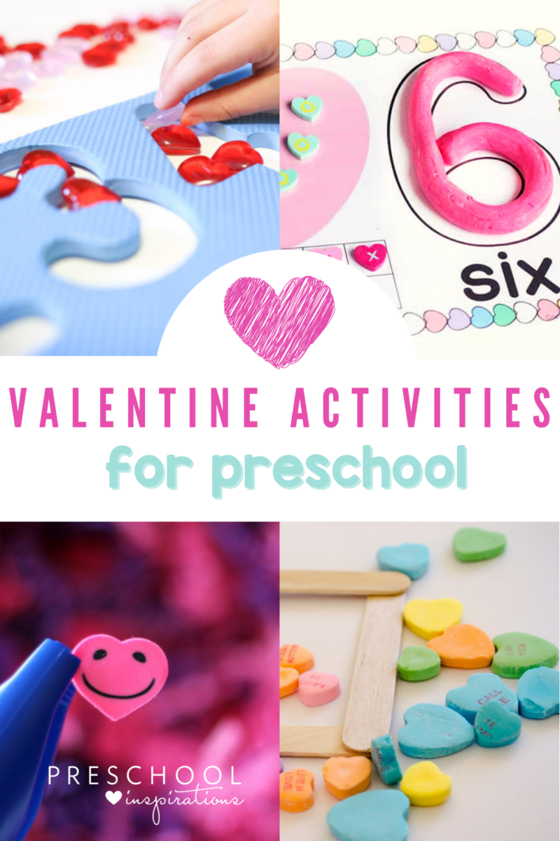 collage of four Valentine's Day learning activities for preschool with the text, 'Valentine Activities for preschool'
