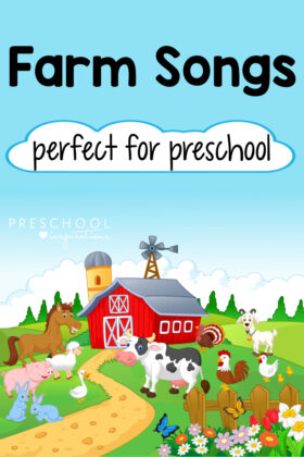 pinnable image of a cartoon farm with animals and the text 'farm songs perfect for preschool'