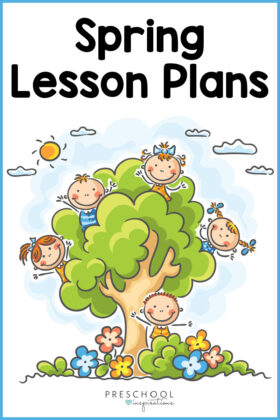 pinnable image of several clip art preschool kids in a spring tree with the text 'spring lesson plans'