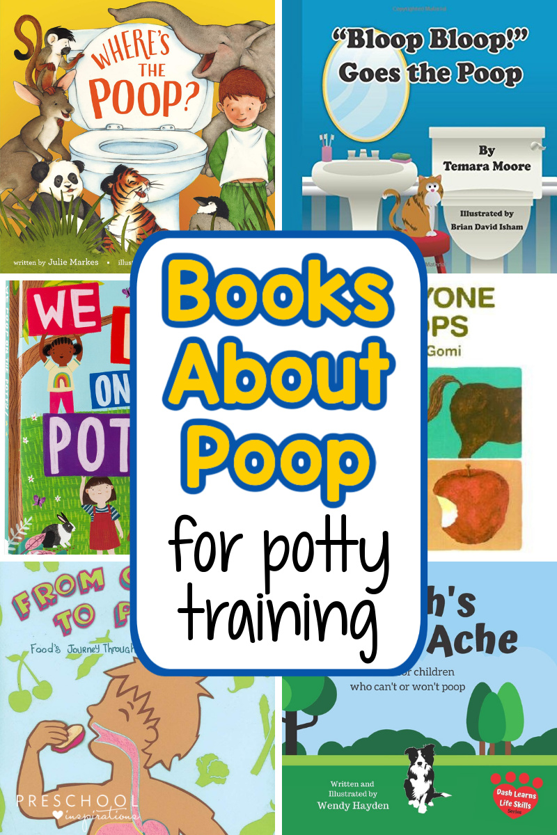 six different book cover images with the text 'books about poop for potty training'