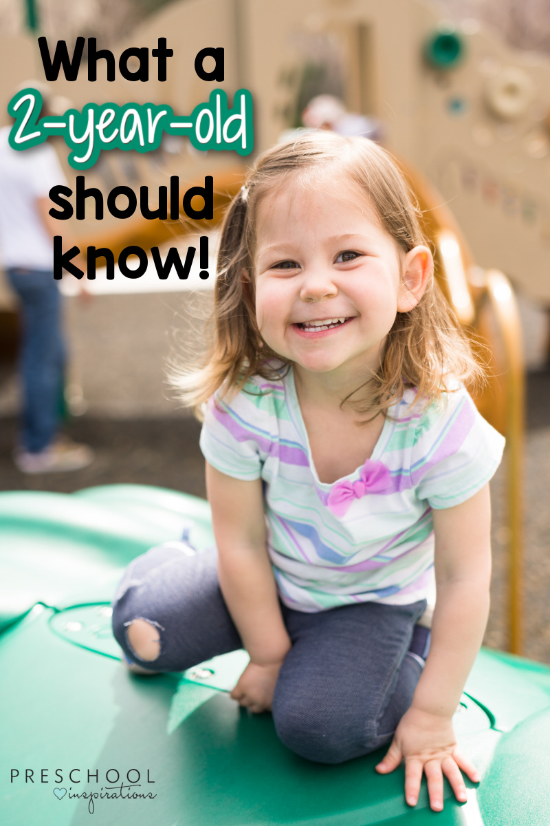 cute toddler girl on a playground with the text 'what a 2-year-old should know'
