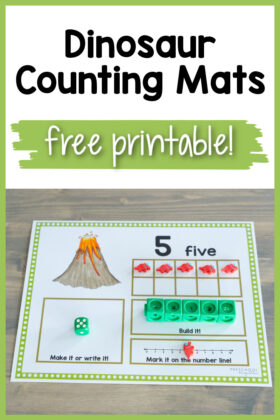 pinnable image showing a dinosaur ten frame and the text dinosaur counting mats free printable