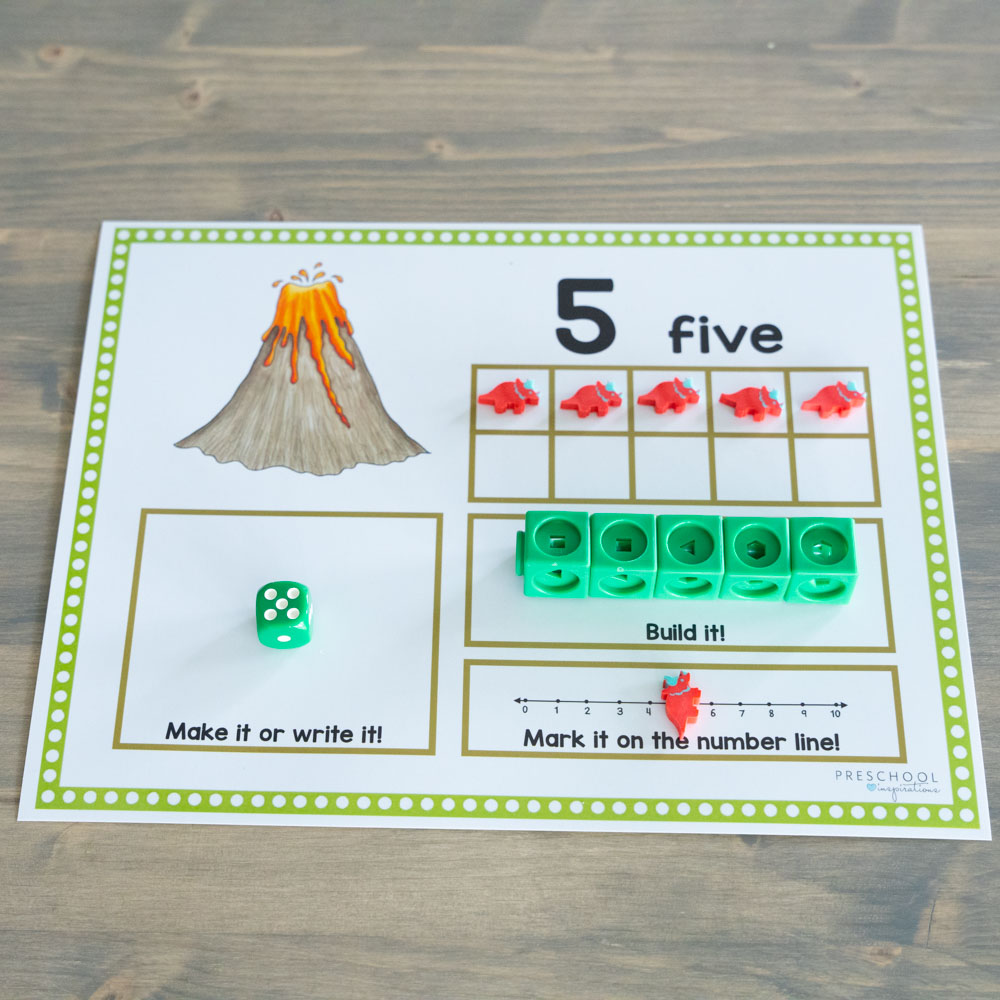 dinosaur ten frame with manipulatives showing the number five