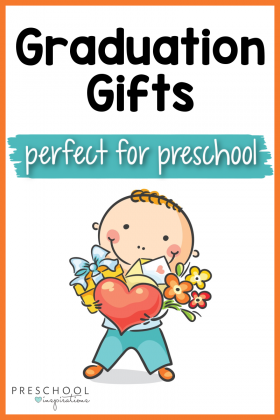 pinnable image of a cartoon preschooler holding an arm full of gifts and the text 'graduation gifts perfect for preschool